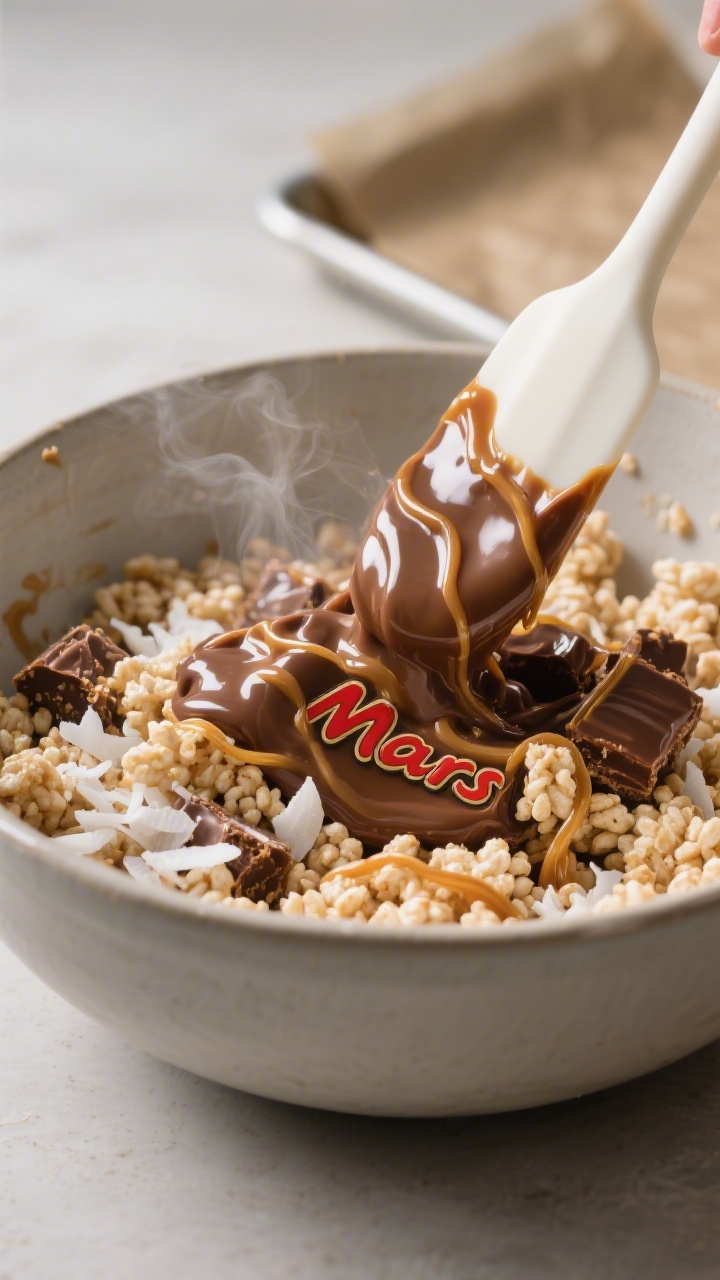 Close-up detail/process shot: A glossy, melted Mars Bar mixture being folded into puffed rice cereal