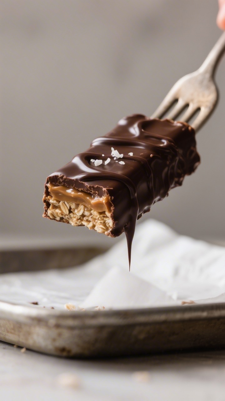 Close-up detail, process shot: A just-dipped Homemade Mars Bar Protein Bar held aloft by a fork over