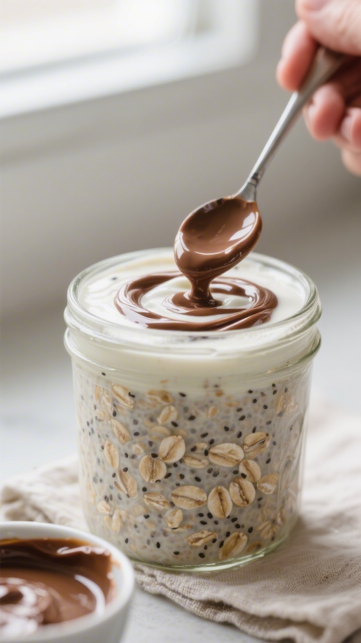 Close-up detail, process shot: A mason jar three-quarters filled with thick, creamy overnight oats j