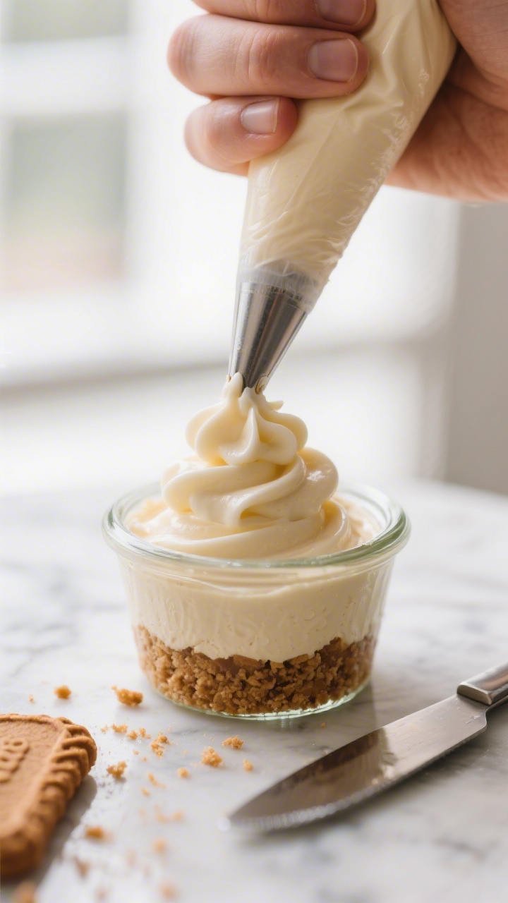 Close-up detail, process shot: No-bake Lotus Biscoff cheesecake cups being filled—piping a silky, 