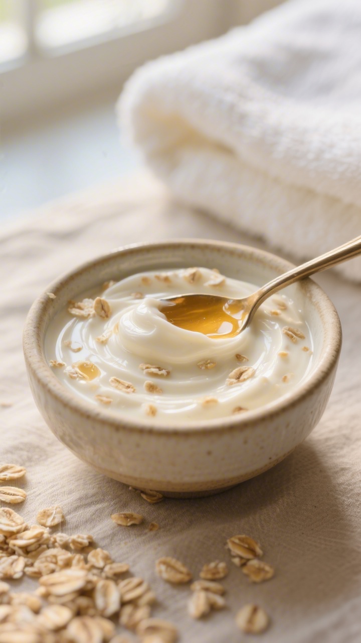 Close-up detail shot: a creamy, fully mixed oat–honey–yogurt face mask in a small ceramic bowl,