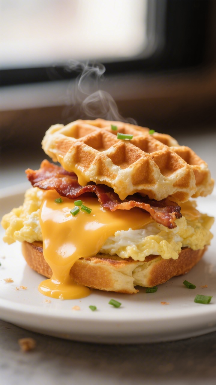 Close-up detail shot: A just-assembled mini waffle breakfast sandwich oozing melted sharp cheddar ov
