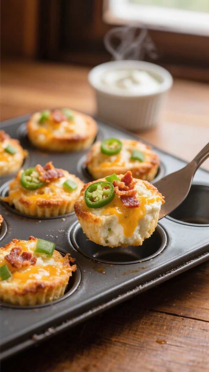 Close-up detail shot: Freshly baked Cottage Cheese Jalapeño Popper Bites just out of a mini muffin