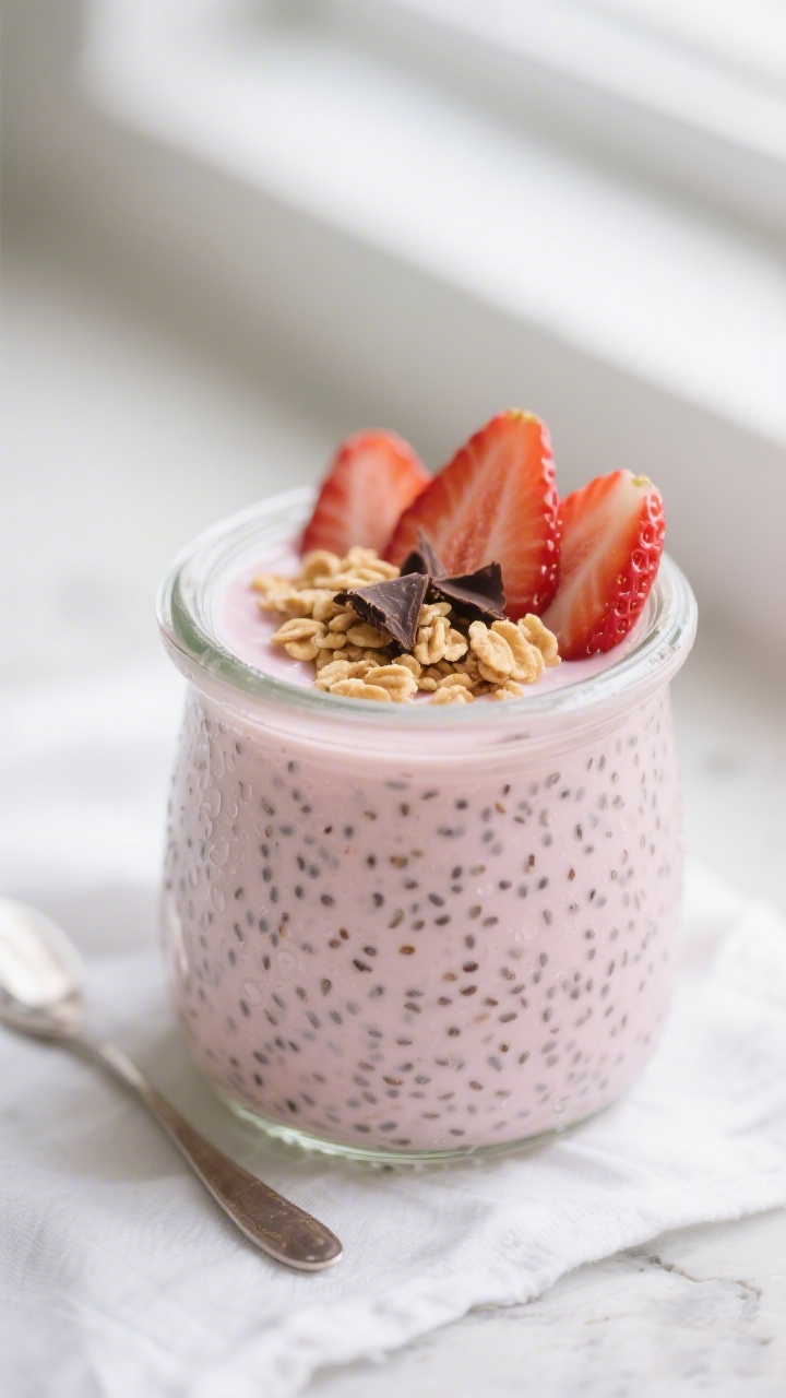 Close-up detail shot of a chilled Strawberry Chia Cup just after setting: creamy pale-pink chia-yogu