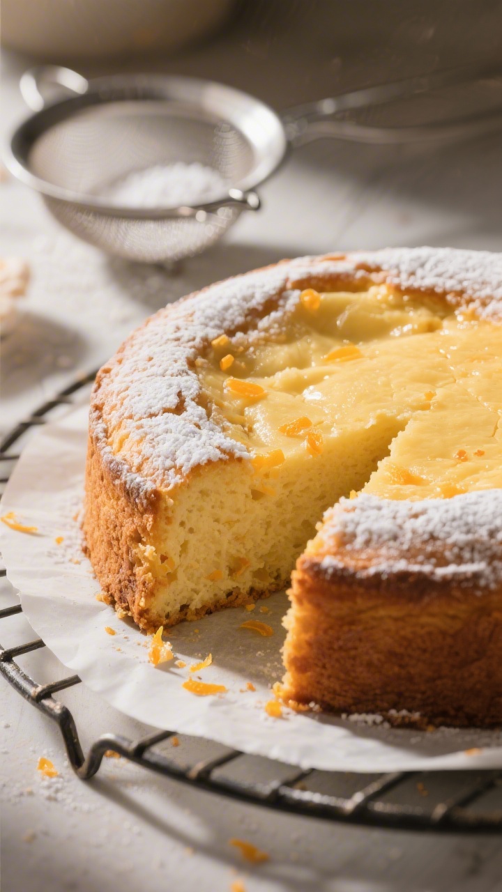 Close-up detail shot of a freshly baked Italian-style Orange Ricotta Cake just out of the pan, golde