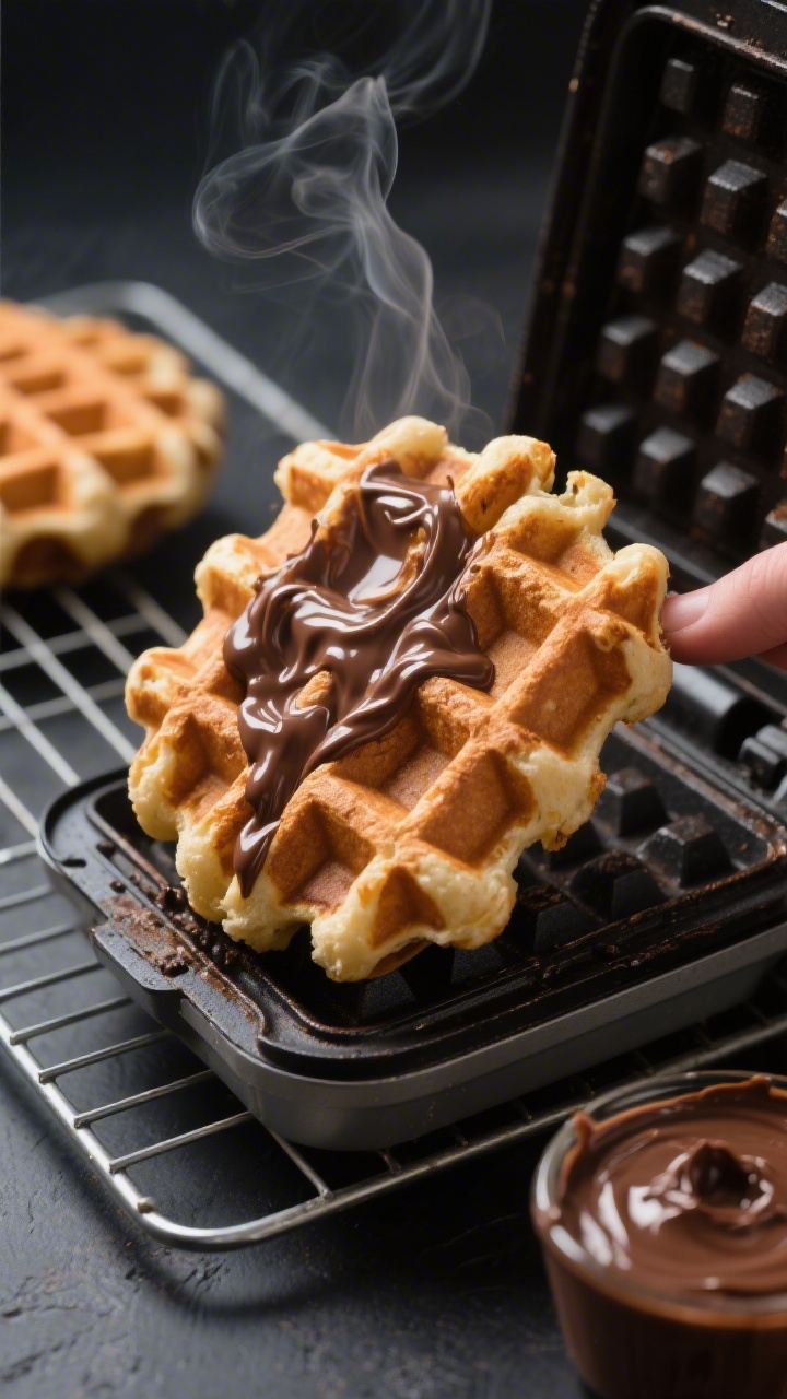 Close-up detail shot of a freshly cooked Nutella protein waffle just lifted from a waffle iron, show