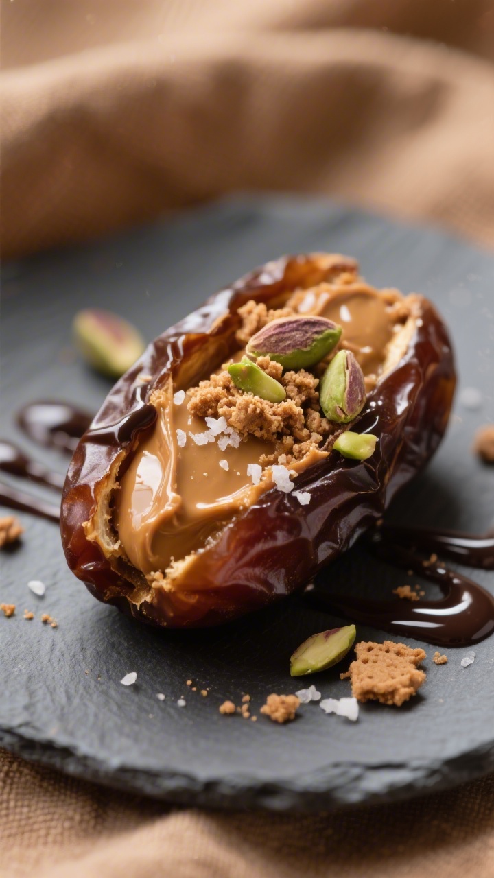 Close-up detail shot of a halved Medjool date stuffed with glossy Biscoff spread, topped with crushe