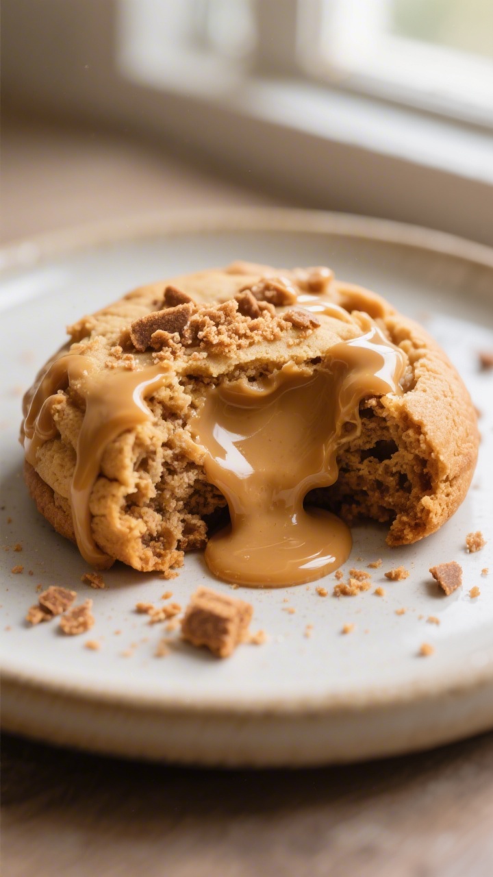 Close-up detail shot of a just-baked Biscoff lava cookie torn open to reveal a molten, gooey cookie 