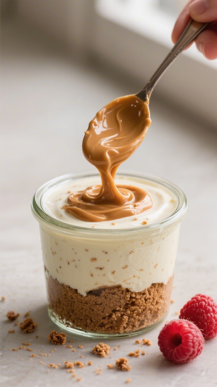 Close-up detail shot of a layered Biscoff Cheesecake Greek Yogurt Breakfast Cup mid-assembly: a smal