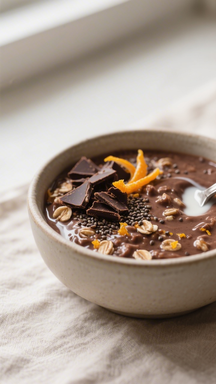 Close-up detail shot of Chocolate Orange Overnight Oats just after the morning stir, showing creamy