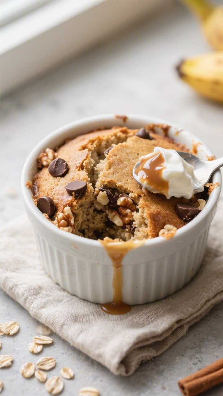 Close-up detail shot of freshly baked banana bread protein baked oats in a 16–20 oz ramekin, top c