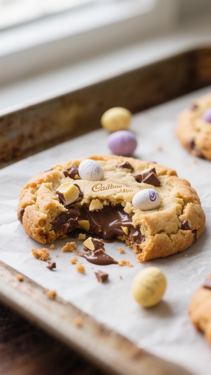 Close-up detail shot of freshly baked Cadbury Mini Egg NYC cookie torn open to reveal a gooey, sligh