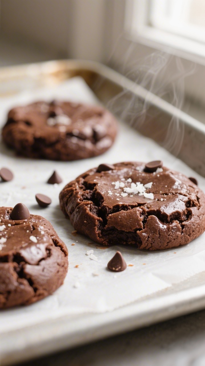 Close-up detail shot of freshly baked Flourless Nutella Brownie Cookies cooling on parchment, focusi