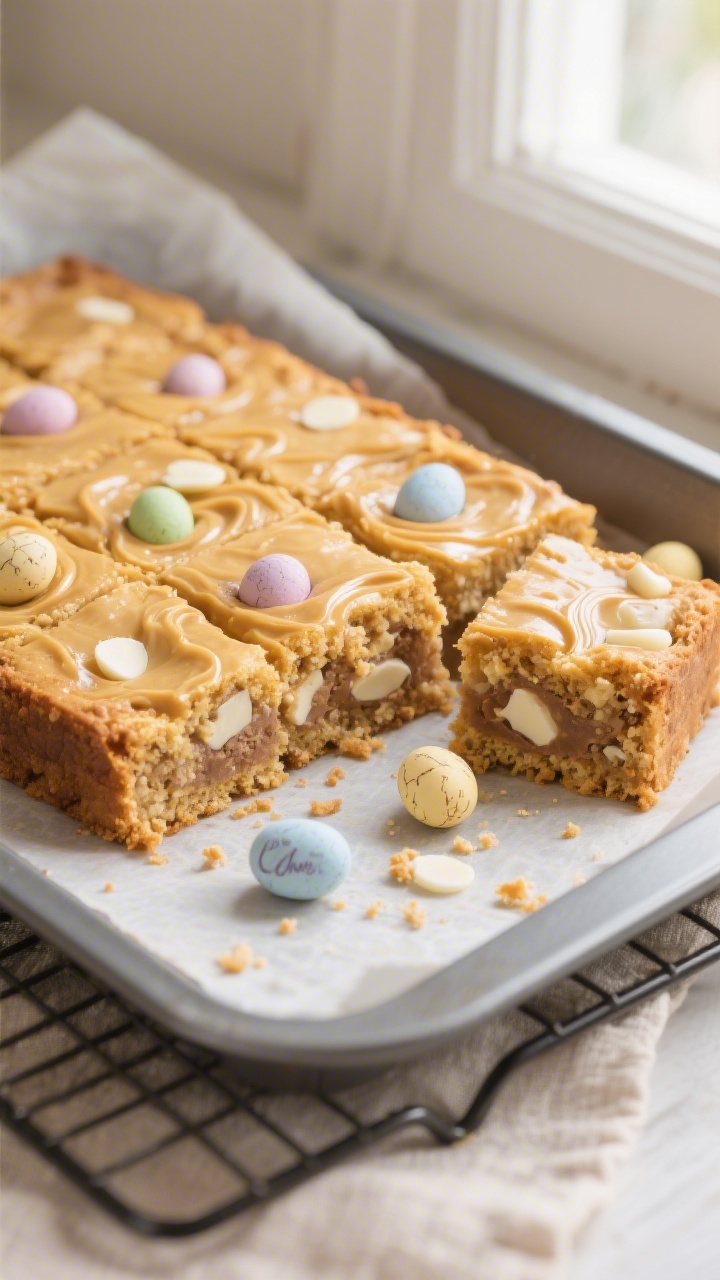 Close-up detail shot of freshly baked gluten-free Cadbury Mini Egg blondies just out of the pan, sli