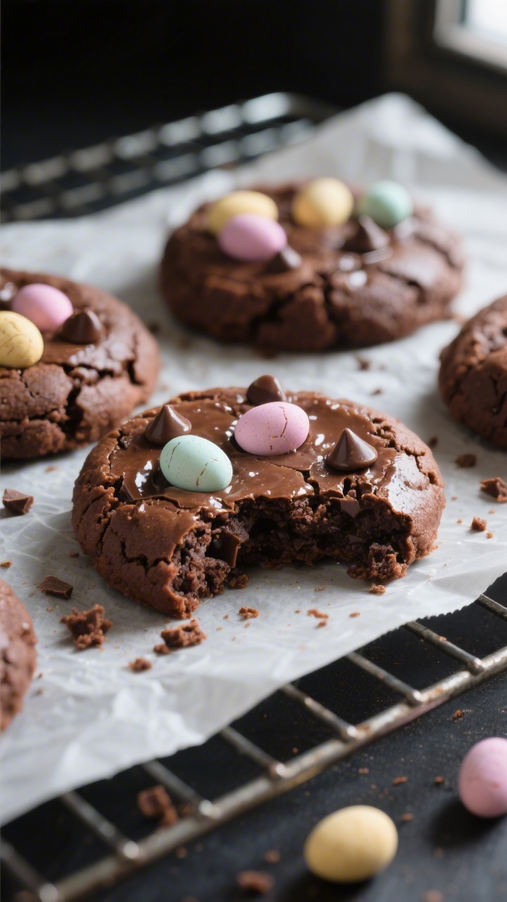 Close-up detail shot of freshly baked Mini Egg Brownie Cookies cooling on a wire rack, edges lightly