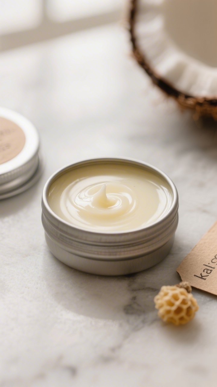 Close-up detail shot of freshly poured coconut oil lip balm setting in small metal tins on a cool ma