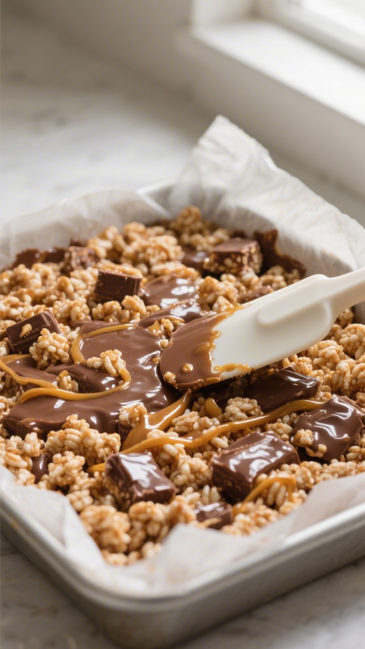 Close-up detail shot of freshly pressed gluten-free Mars Bar Rice Krispie mixture in a parchment-lin