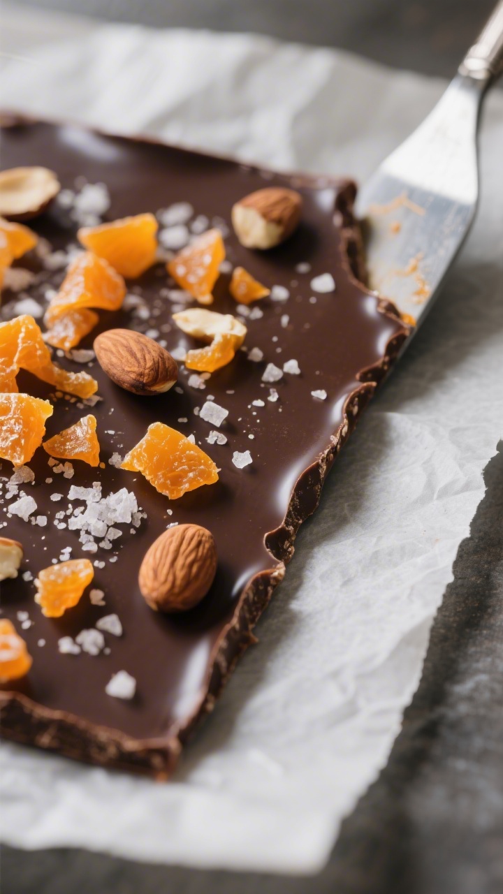Close-up detail shot: Thin sheet of glossy, tempered dark chocolate bark spread on parchment, freshl