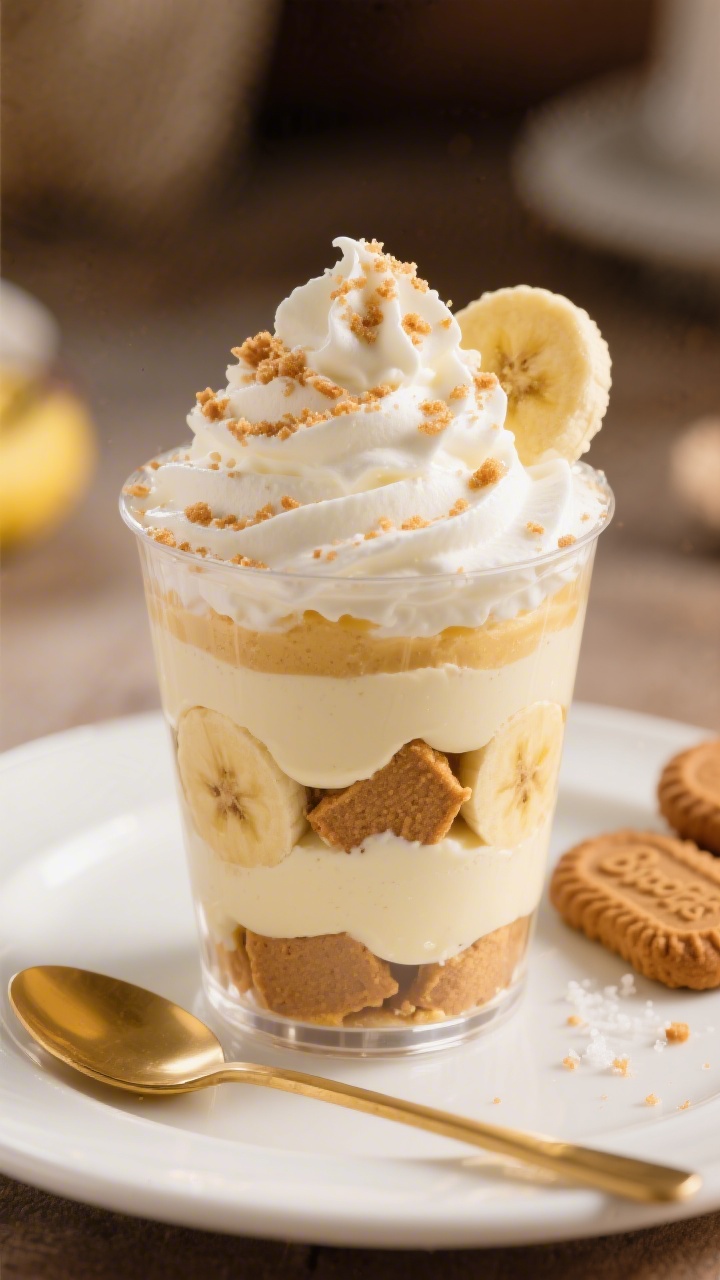 Close-up final presentation of a single Biscoff Banana Pudding Cup: tight macro focus on the creamy 