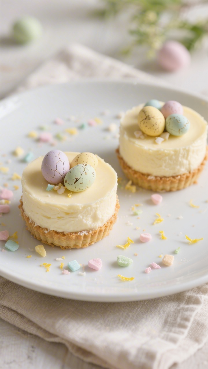 Close-up final presentation of two unwrapped cheesecake cups on a matte white dessert plate: crust e