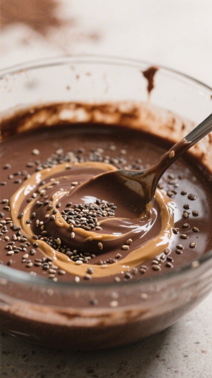 Close-up macro detail of the pudding being stirred during the “rest and stir” step in a clear mi