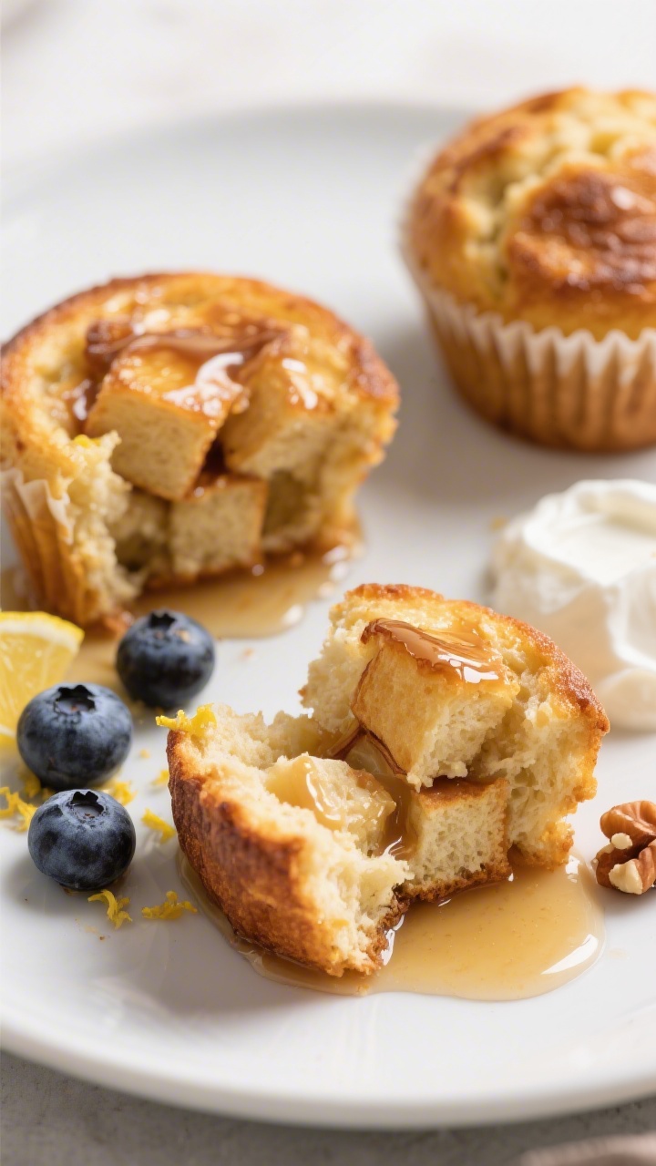 Close-up plated final presentation of two High-Protein French Toast Muffins sliced open to show the 