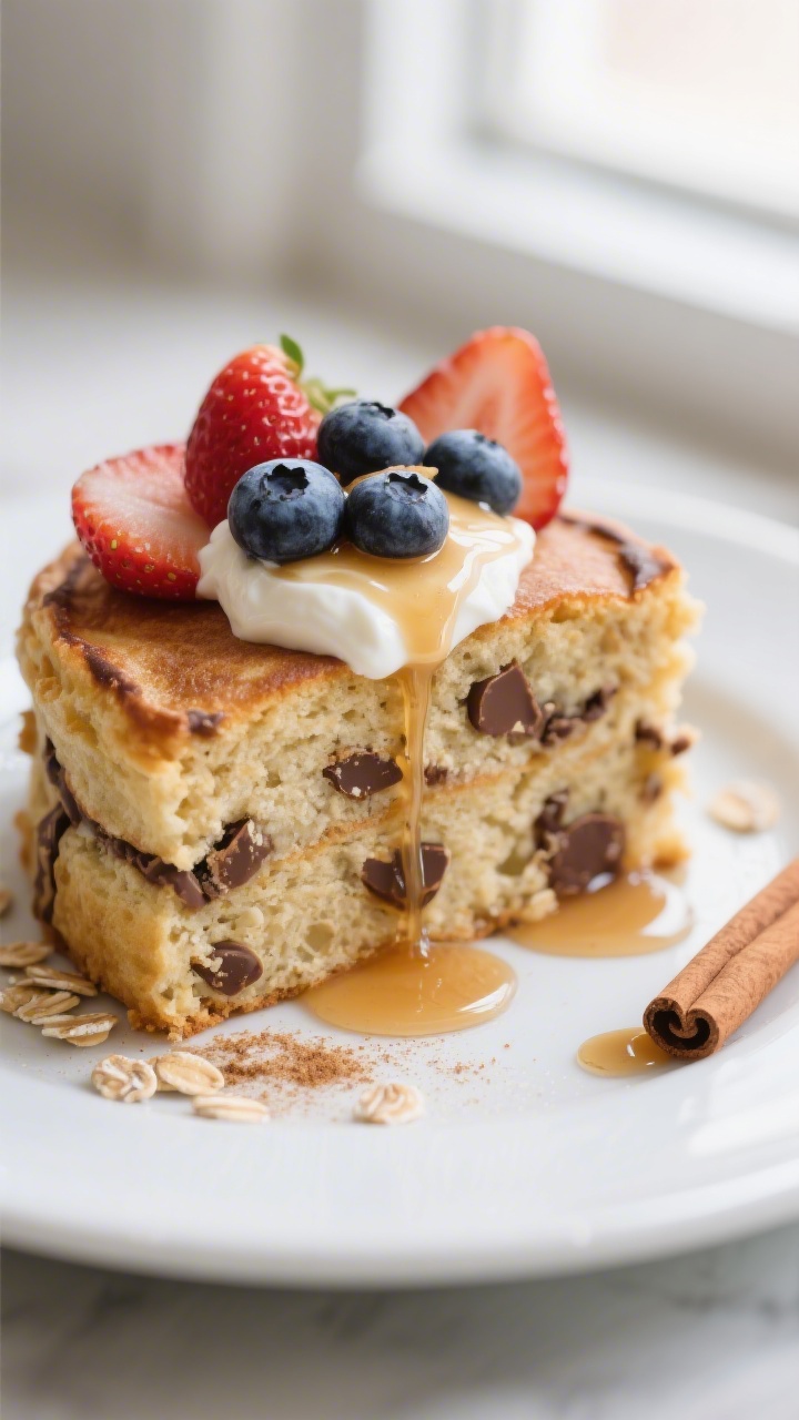 Close-up plated slice of the pancake bake on a matte white plate, showing a tall, fluffy crumb with 