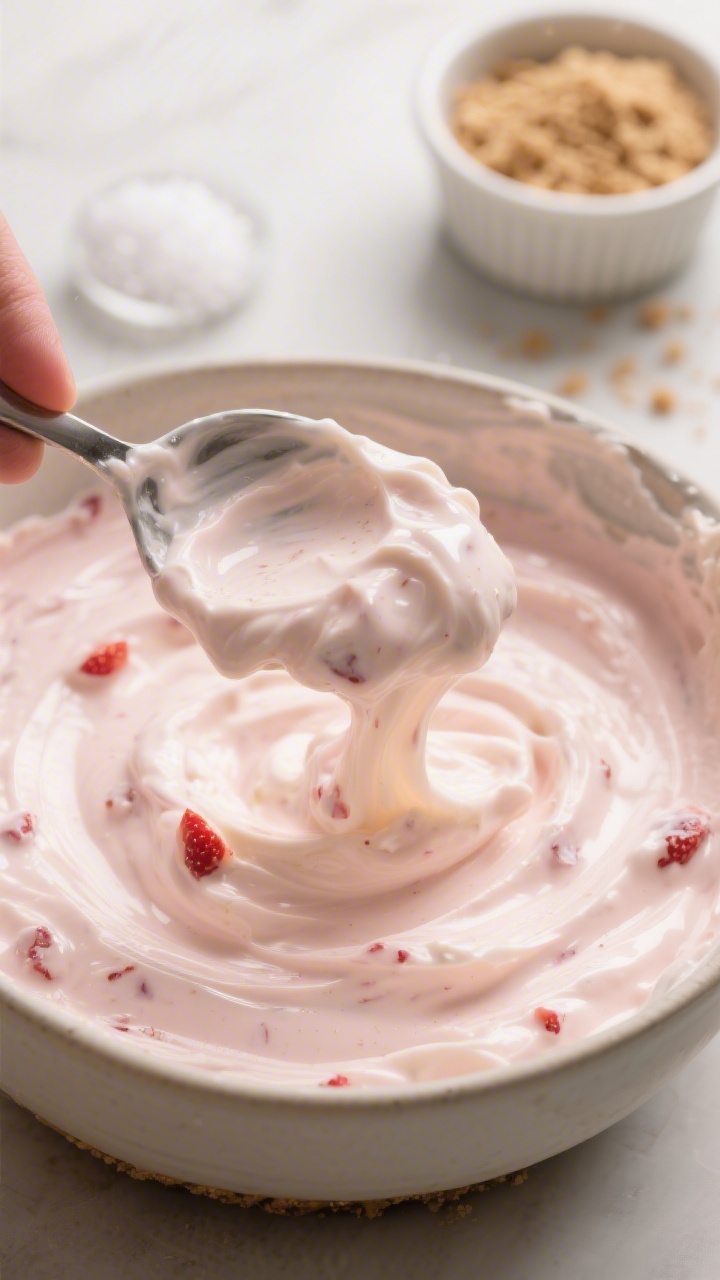 Close-up process detail of the blended cheesecake base being spooned into a bowl: ultra-smooth, glos