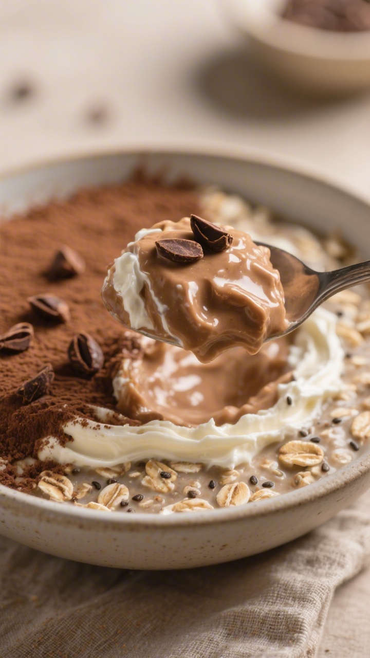 Close-up process detail of the final stir-and-serve moment: a spoon lifting a silky, thick scoop of