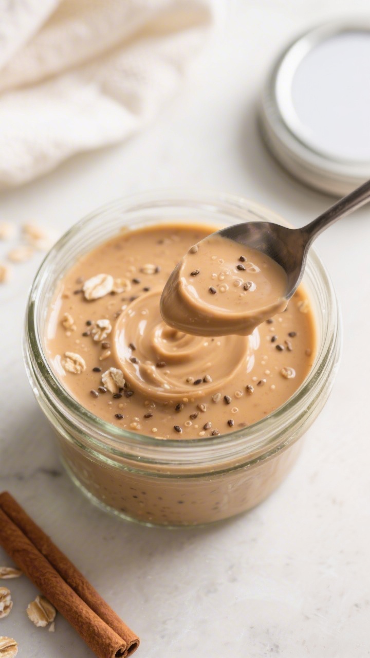Close-up process detail of the just-stirred mixture in a clear jar right before chilling: smooth ble