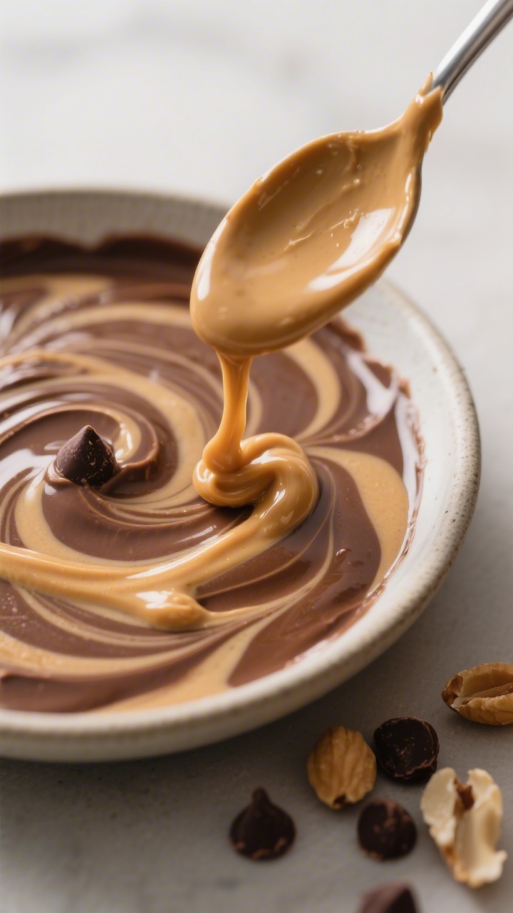 Close-up, process-detail shot of the peanut butter swirl step: creamy chocolate-protein Greek yogurt