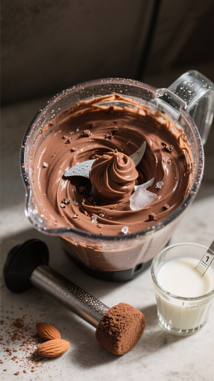 Close-up, process-focused shot of the smoothie base mid-blend in a high-speed blender: ultra-thick c