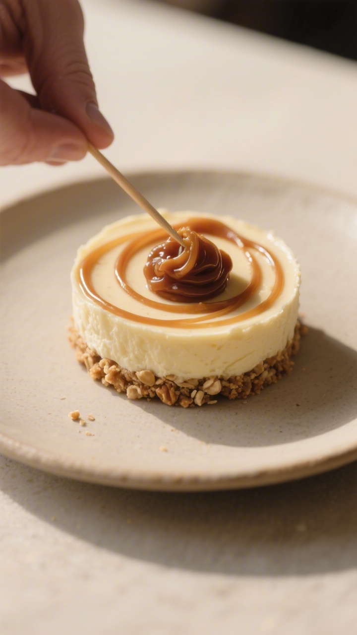 Close-up process shot of assembly: a single cheesecake cup on a neutral ceramic plate with the nut-a