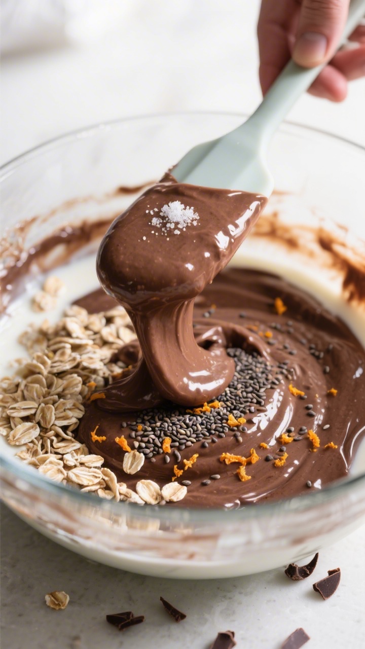 Close-up process shot of the combined mixture just after stirring: a glass bowl filled with loose, b