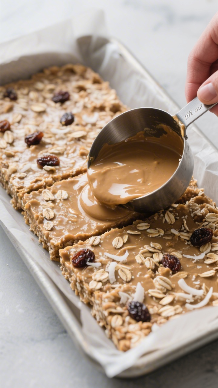 Close-up process shot of the pressed bar mixture in the lined pan being compacted evenly into the co
