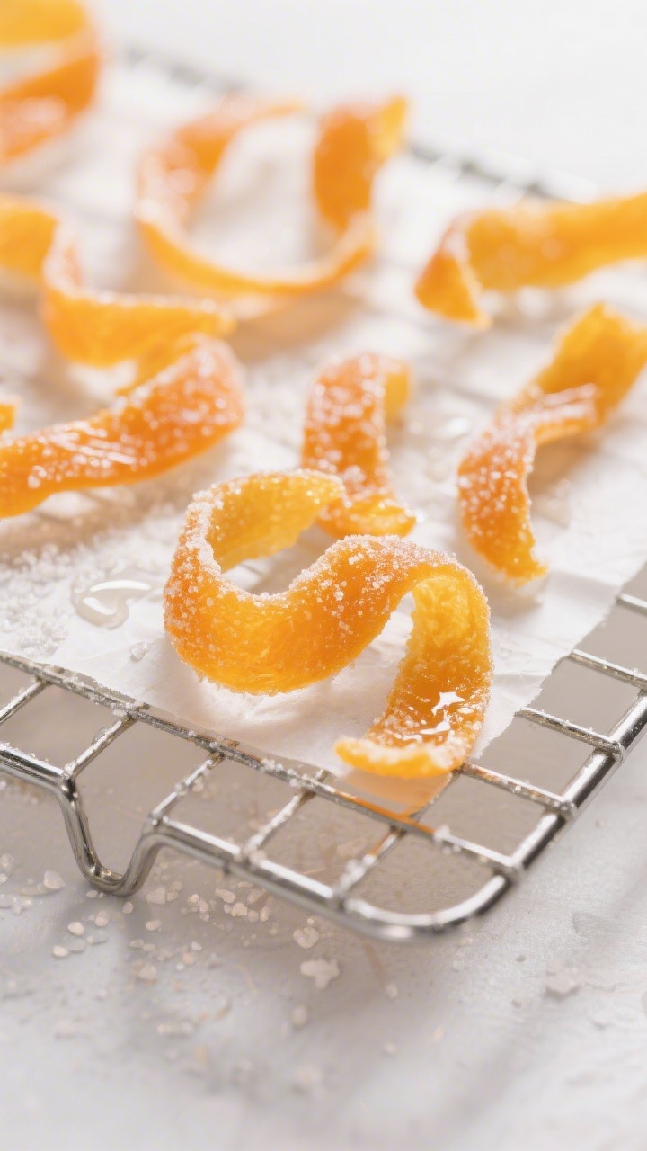 Close-up process shot: Translucent candied orange peel strips just lifted from shimmering orange syr