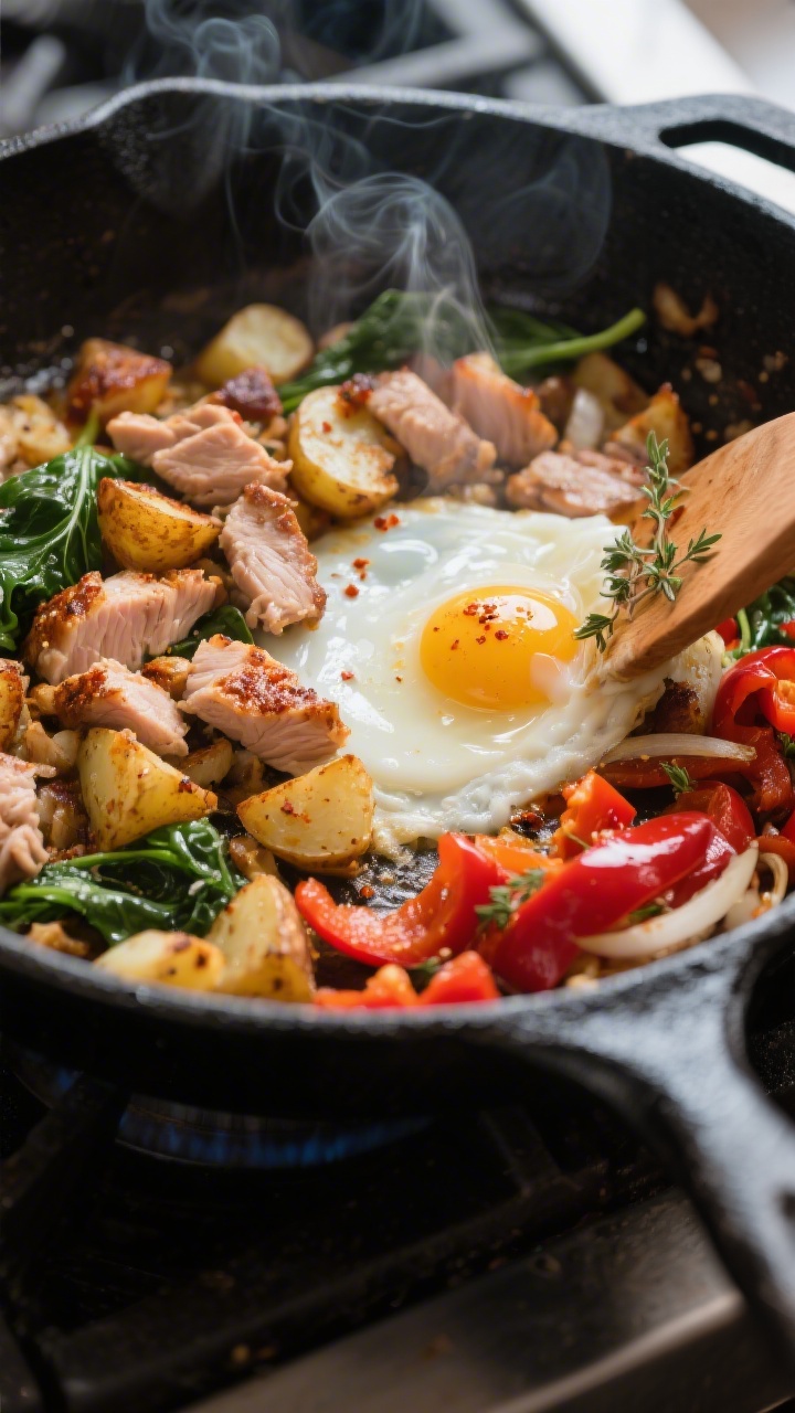 Close-up, three-quarter angle cooking process shot: crispy par-cooked potatoes and spice-seasoned tu
