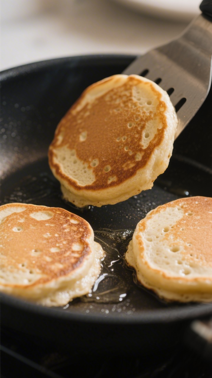 Close-up, three-quarter angle of pancakes cooking low and slow on a black nonstick skillet: three sm