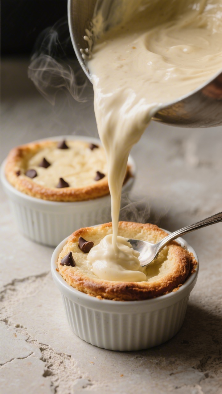 Close-up, three-quarter angle of the batter-to-oven process: thick, ultra-smooth blended batter bein