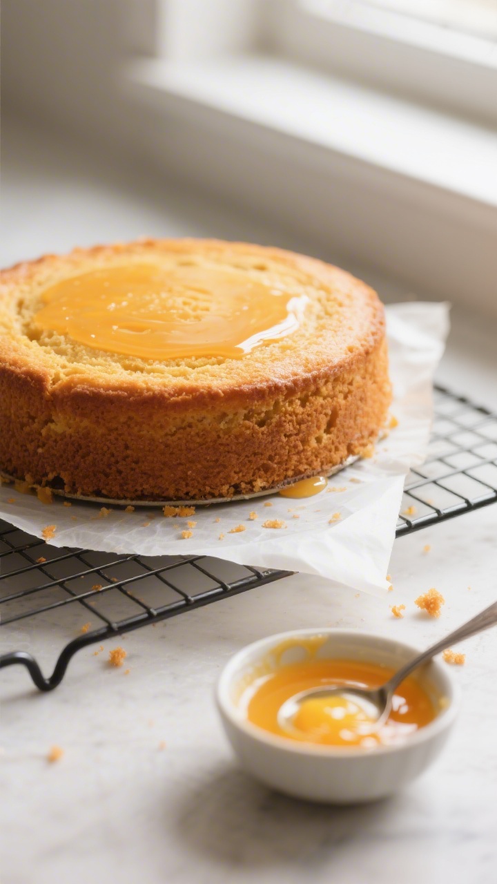 Cooking process close-up: A 9-inch round orange olive oil cake just out of the oven, inverted onto a