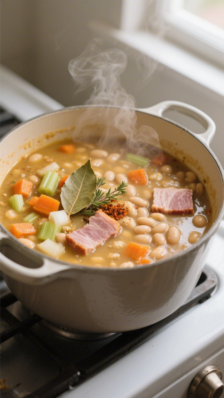 Cooking process close-up: A large Dutch oven at a gentle simmer with ham and cannellini/Great Northe