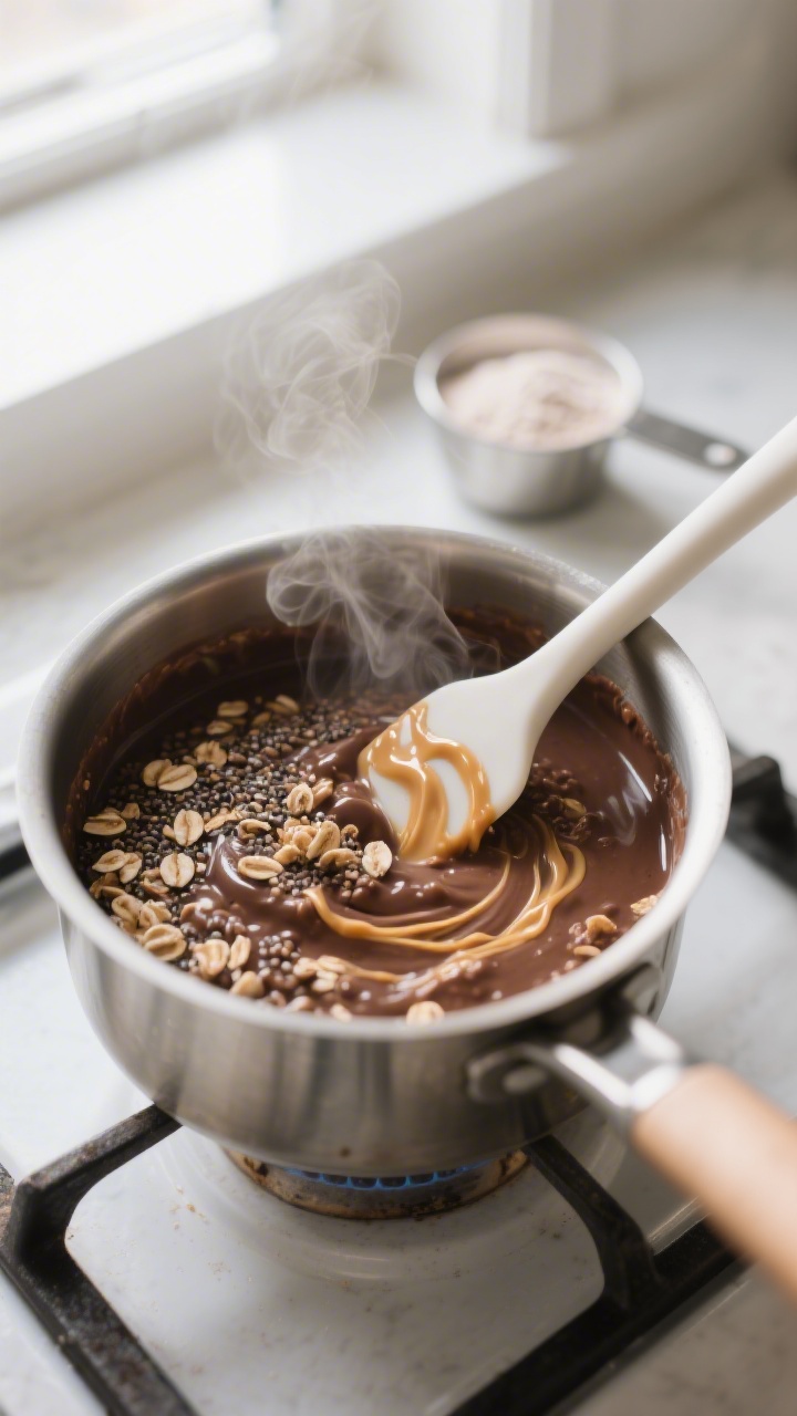 Cooking process close-up: A small stainless saucepan on low heat with thick, creamy chocolate-peanut