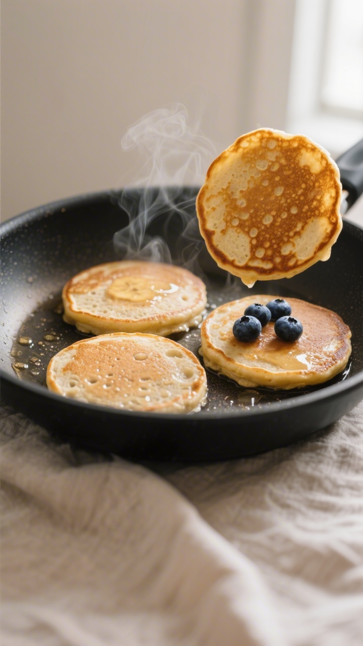 Cooking process close-up: A trio of banana oat pancakes mid-cook on a nonstick skillet, golden edges