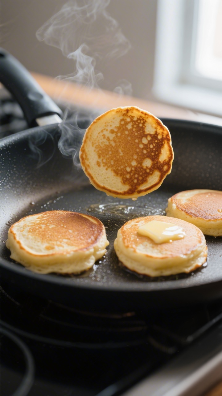 Cooking process close-up: A trio of small, fluffy protein pancakes on a nonstick skillet at medium h