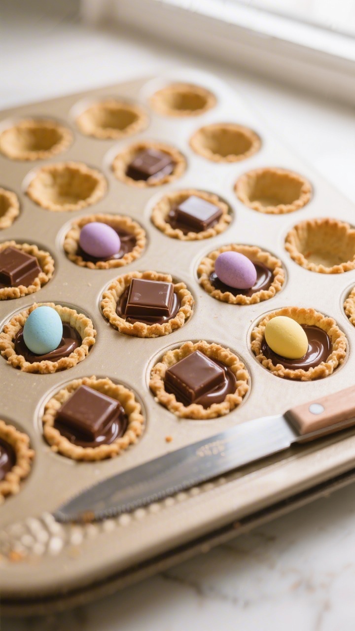 Cooking process, close-up detail: Freshly baked mini cookie cups still in a 24-cup mini muffin tin,