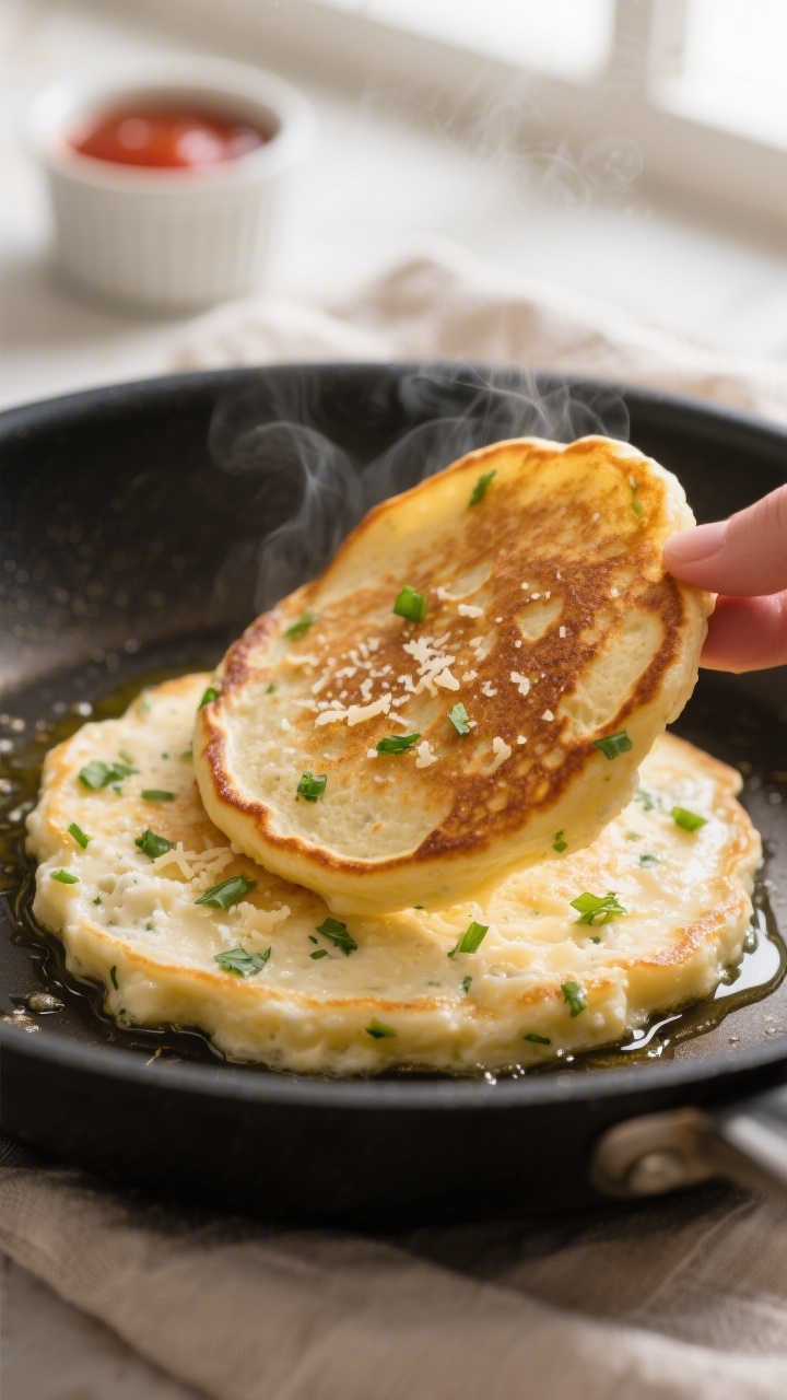 Cooking process, close-up detail: Golden cottage cheese protein pancakes on a nonstick skillet mid-c