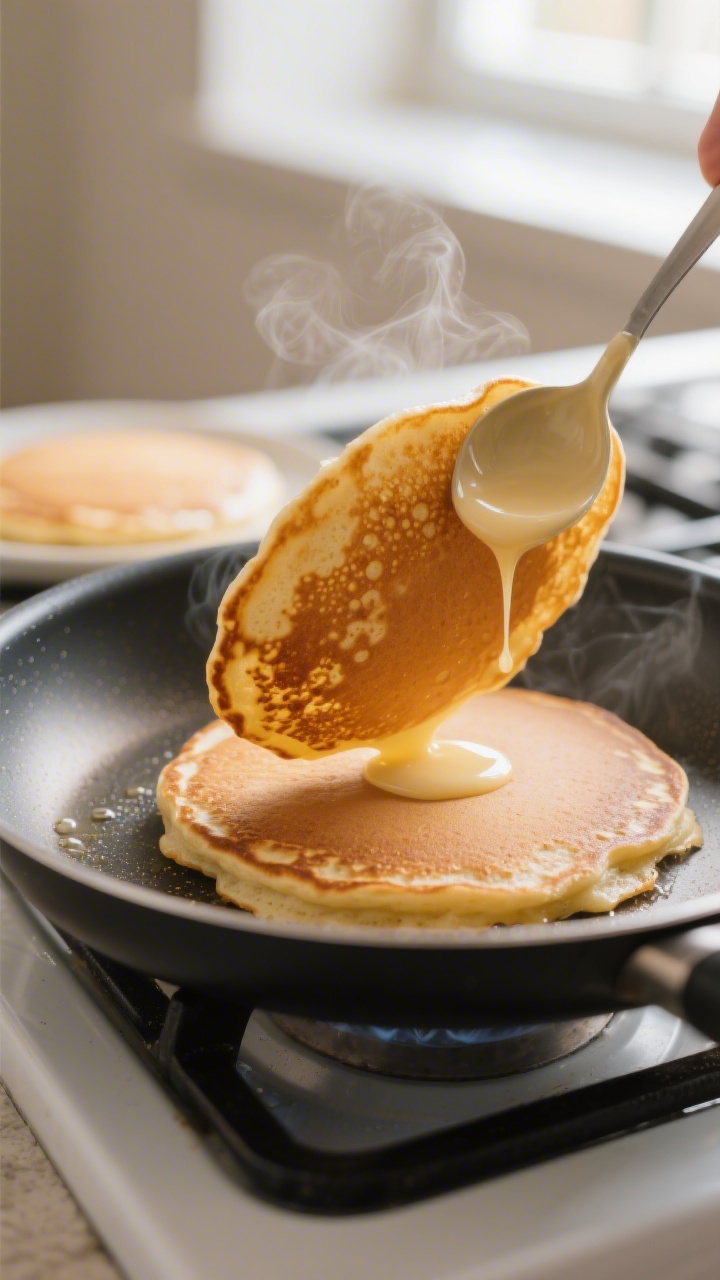 Cooking process, close-up detail: Golden protein pancakes mid-cook on a preheated nonstick skillet,
