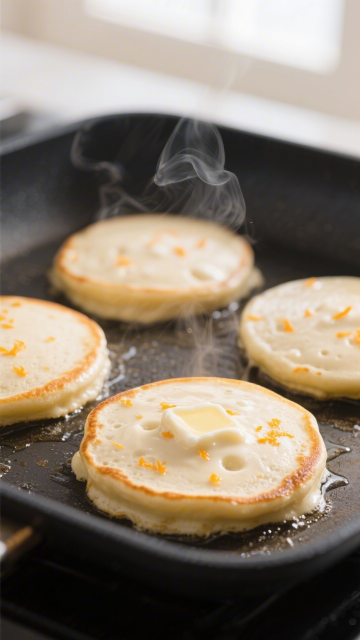 Cooking process, close-up detail: Thick, scoopable Orange Greek Yogurt Pancake batter just set on a 