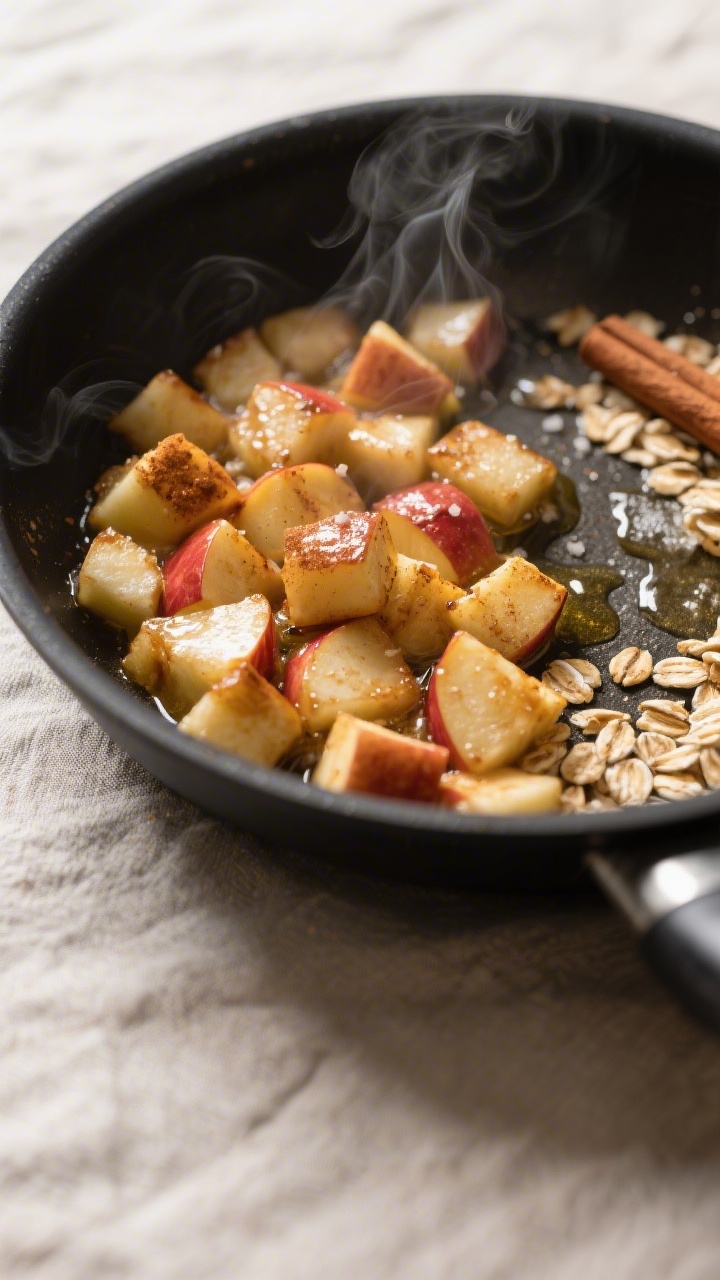 Cooking process close-up: Diced apple sautéing in a small nonstick skillet with melted coconut oil,