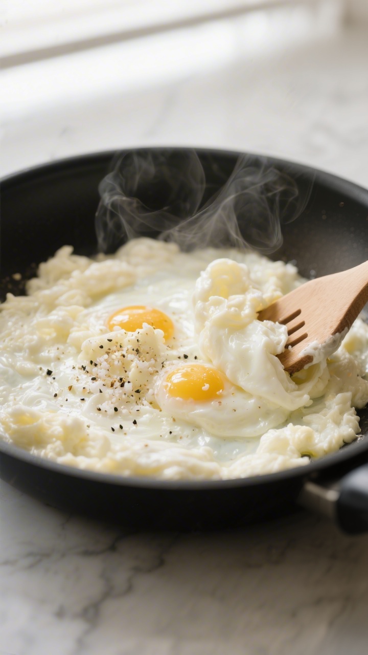 Cooking process close-up: Fluffy, just-set scrambled egg whites in a nonstick skillet over medium he